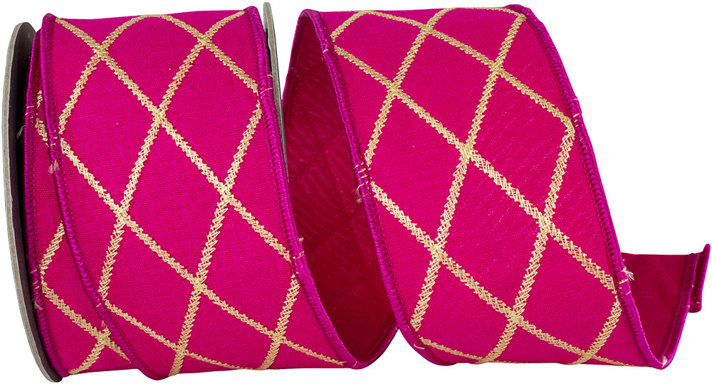 2-1 2 Inch Diamond Fuchsia Embroidery Dupioni Deluxe Wired Edge Ribbon for Wreaths & Bows
