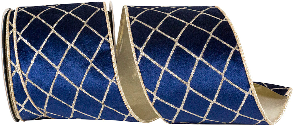Navy Gold 4 Inch Plush Velvet Wired Edge Ribbon