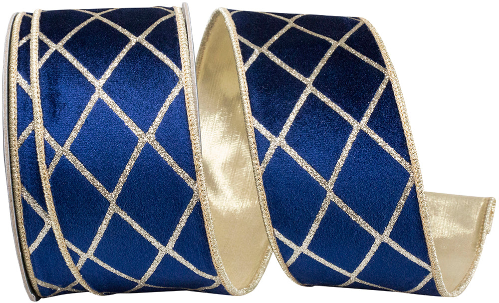 Navy Gold Plush Velvet Wired Edge Ribbon 2-1/2 Inch