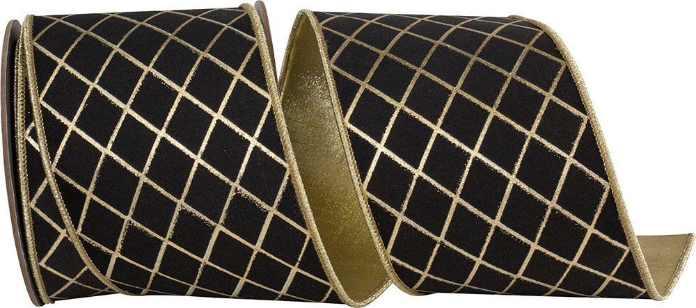 Black Gold 4 Inch Diamond Stripes Deluxe Wired Edge Ribbon for Wreaths & Bows
