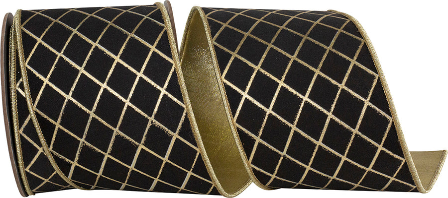 Black Gold 4 Inch Diamond Stripes Deluxe Wired Edge Ribbon for Wreaths & Bows