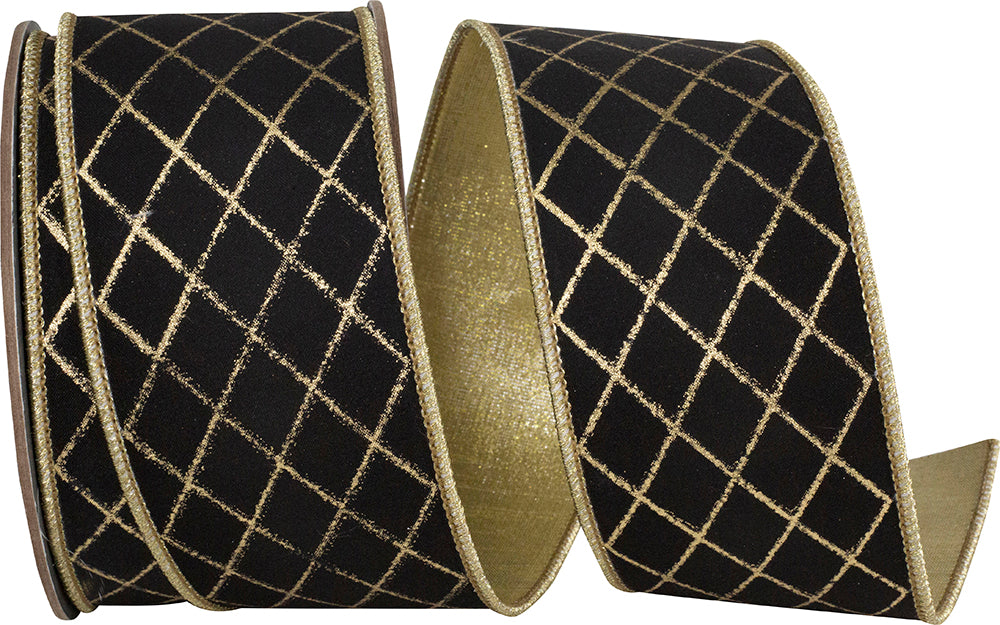 Black Gold 2-1 2 Inch Diamond Stripes Deluxe Wired Edge Ribbon for Wreaths & Bows