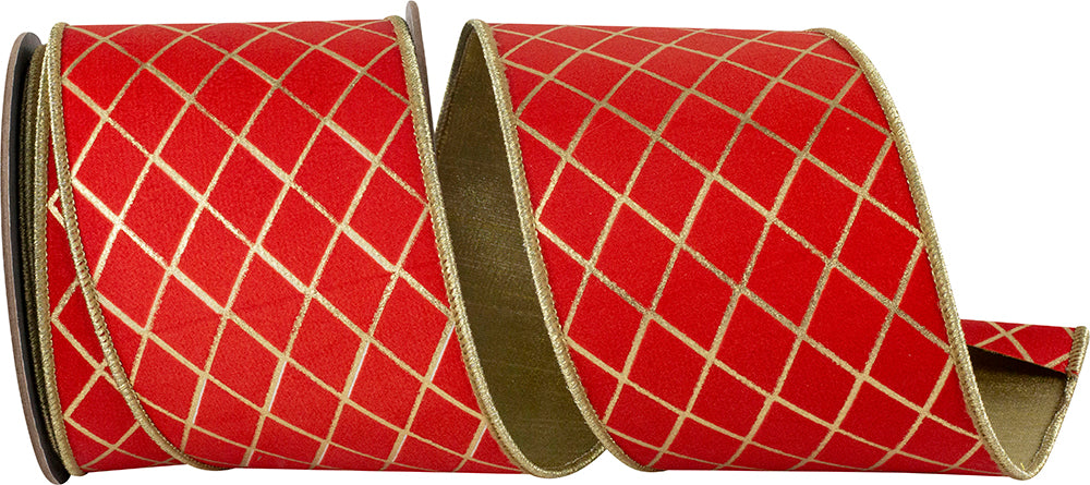 Red Gold 4 Inch Diamond Stripes Deluxe Wired Edge Ribbon for Wreaths & Bows