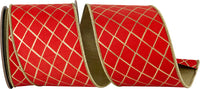 Red Gold 4 Inch Diamond Stripes Deluxe Wired Edge Ribbon for Wreaths & Bows