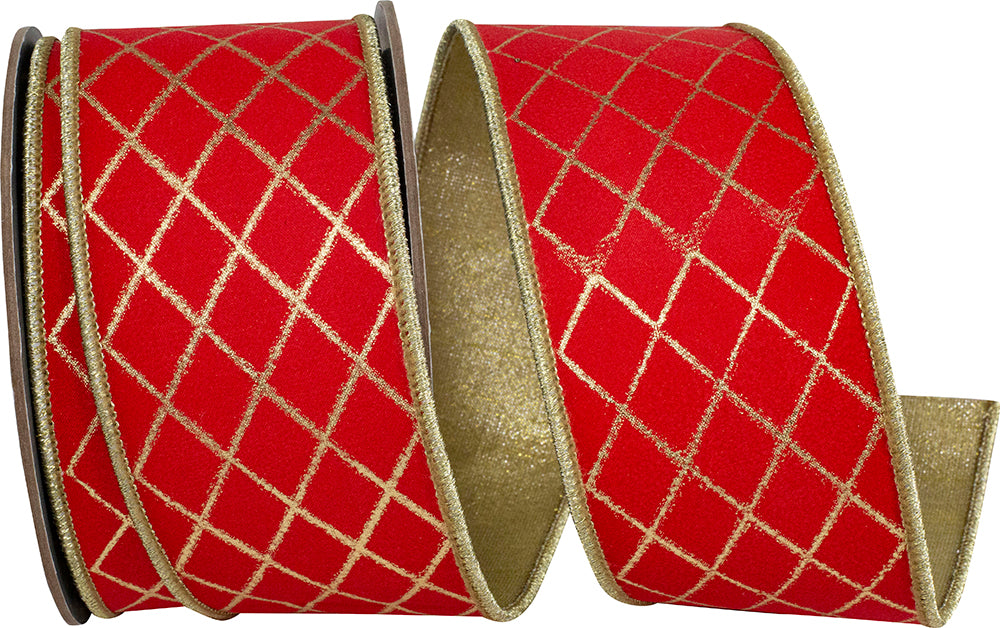 Red Gold 2-1 2 Inch Diamond Stripes Deluxe Wired Edge Ribbon for Wreaths & Bows