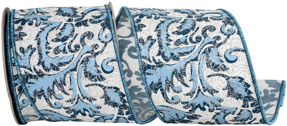 Blue 4 Inch Filigree Azul Glittered Deluxe Wired Edge Ribbon for Wreaths & Bows