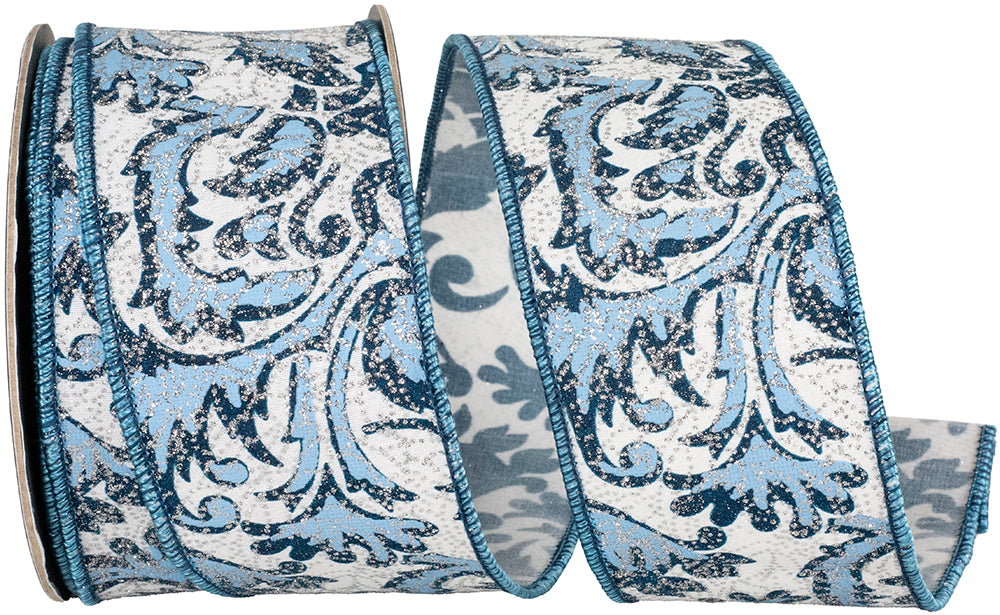 Blue 2-1 2 Inch Filigree Azul Glittered Deluxe Wired Edge Ribbon for Wreaths & Bows