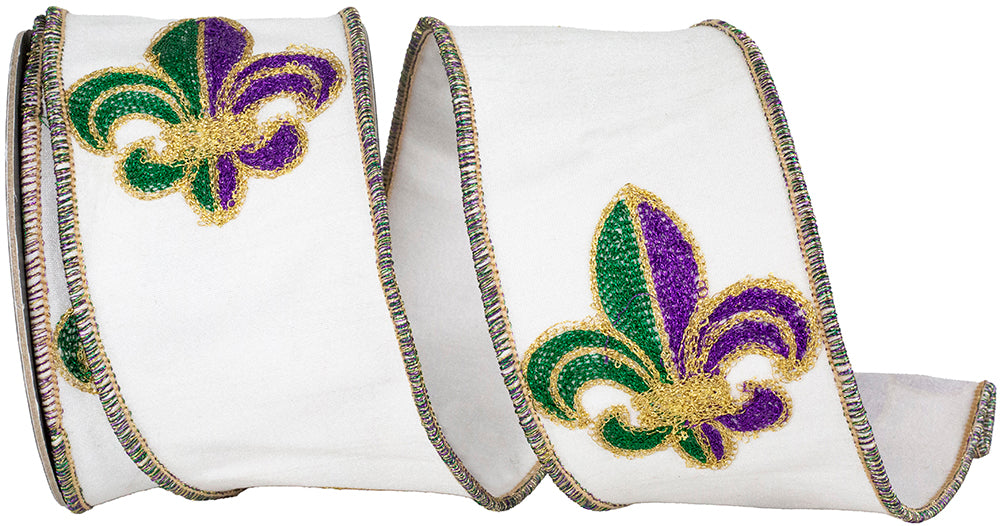 Fleur De Lis Embroidery White 2-1/2 Inch Ribbon