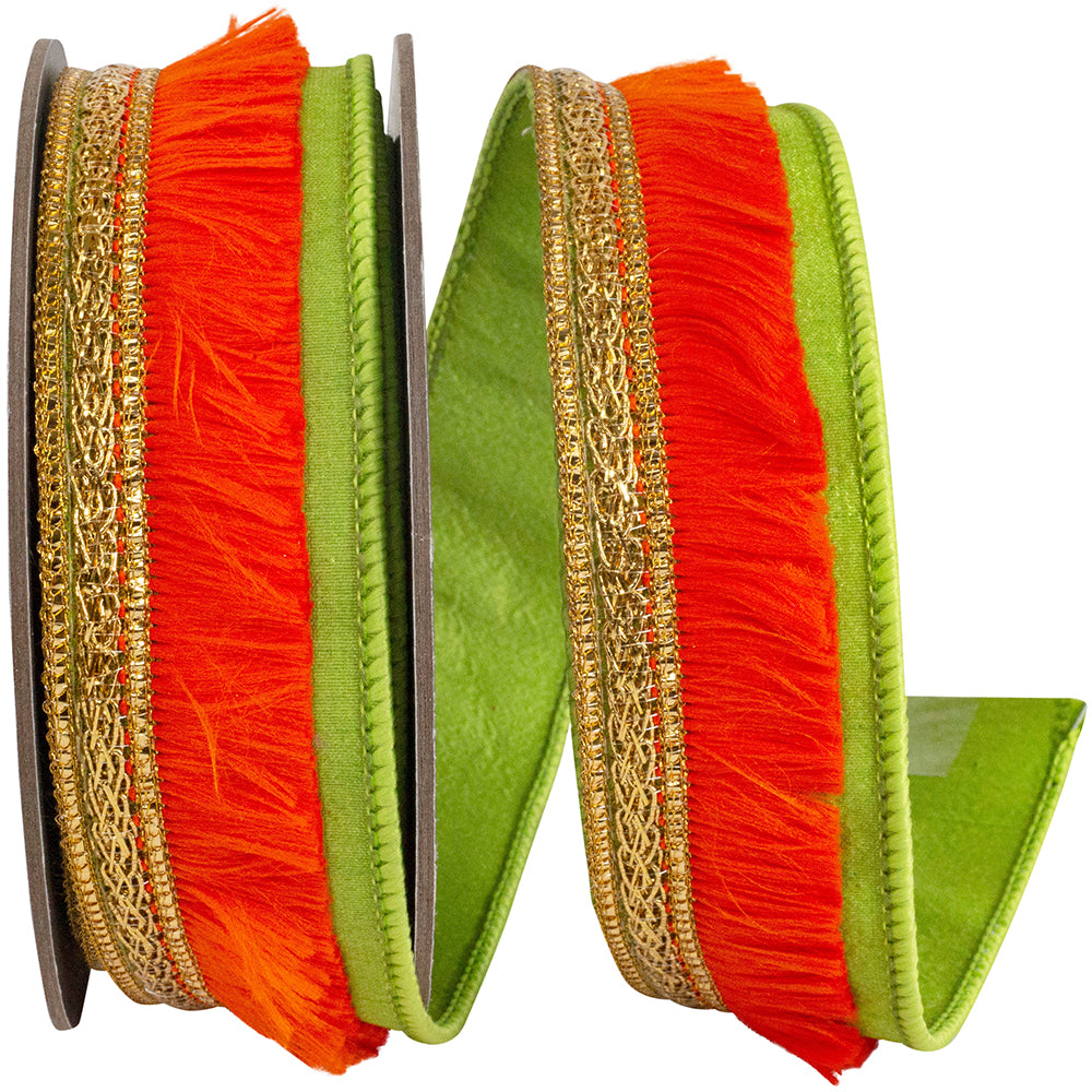 Orange Citrus 1 Inch Fringe Trimming Deluxe Dupioni Backed Wired Edge Ribbon for Wreaths & Bows