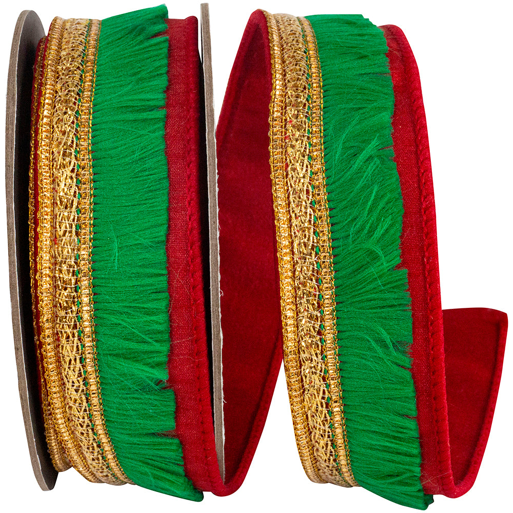 Green Red 1 Inch Fringe Trimming Deluxe Dupioni Backed Wired Edge Ribbon for Wreaths & Bows