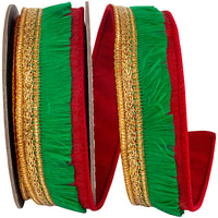 Green Red 1 Inch Fringe Trimming Deluxe Dupioni Backed Wired Edge Ribbon for Wreaths & Bows