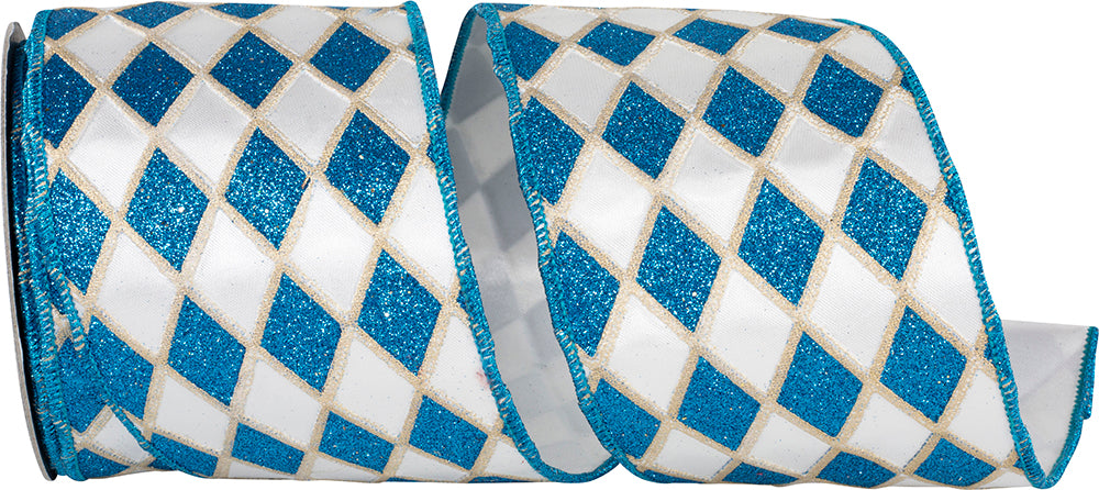 Turquoise White 4 Inch Satin Wired Edge Glitter Ribbon
