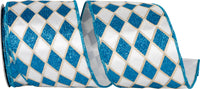 Turquoise White 4 Inch Satin Wired Edge Glitter Ribbon