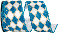 Turquoise White 2-1/2 Inch Satin Wired Edge Ribbon
