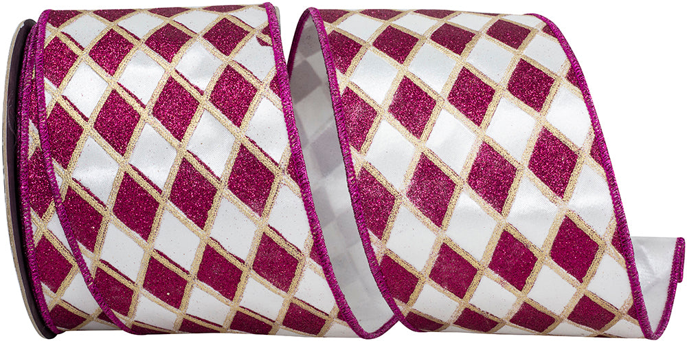 Glitter Diamond Outlines Satin Wired Edge Ribbon Fuchsia White 4 Inch