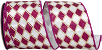 Glitter Diamond Outlines Satin Wired Edge Ribbon Fuchsia White 4 Inch