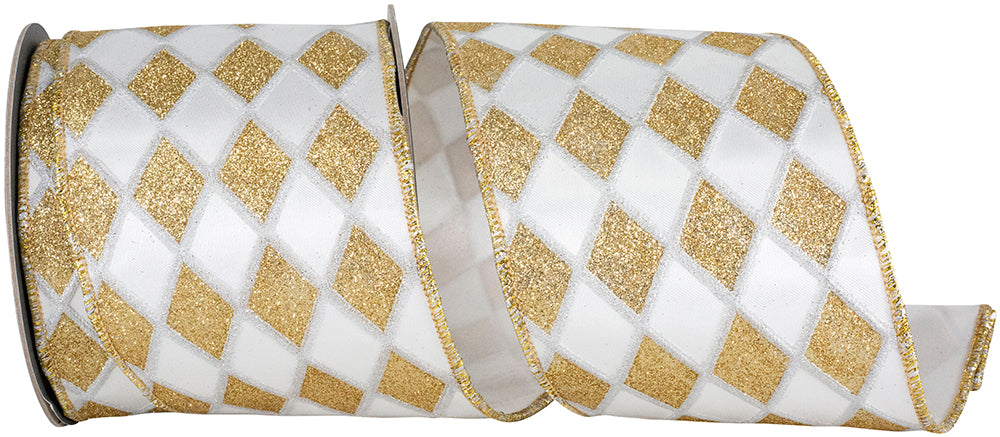 Glitter Diamond Outlines Satin Wired Edge Ribbon White Gold 4 Inch