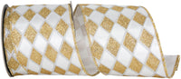 Glitter Diamond Outlines Satin Wired Edge Ribbon White Gold 4 Inch