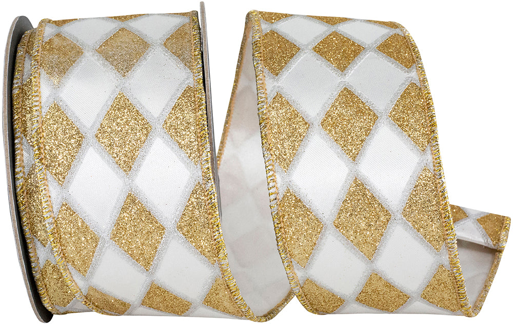 Glitter Diamond Outlines Satin Wired Edge Ribbon White Gold 2-1/2 Inch