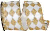 Glitter Diamond Outlines Satin Wired Edge Ribbon White Gold 2-1/2 Inch