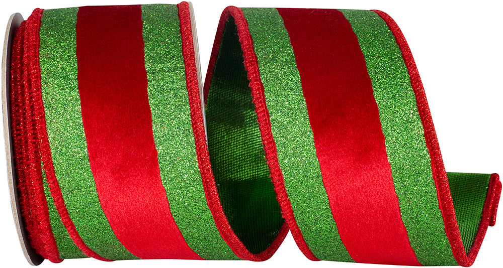 Glitter Stripped Velvet Touch Ribbon Red Green 2-1/2 Inch