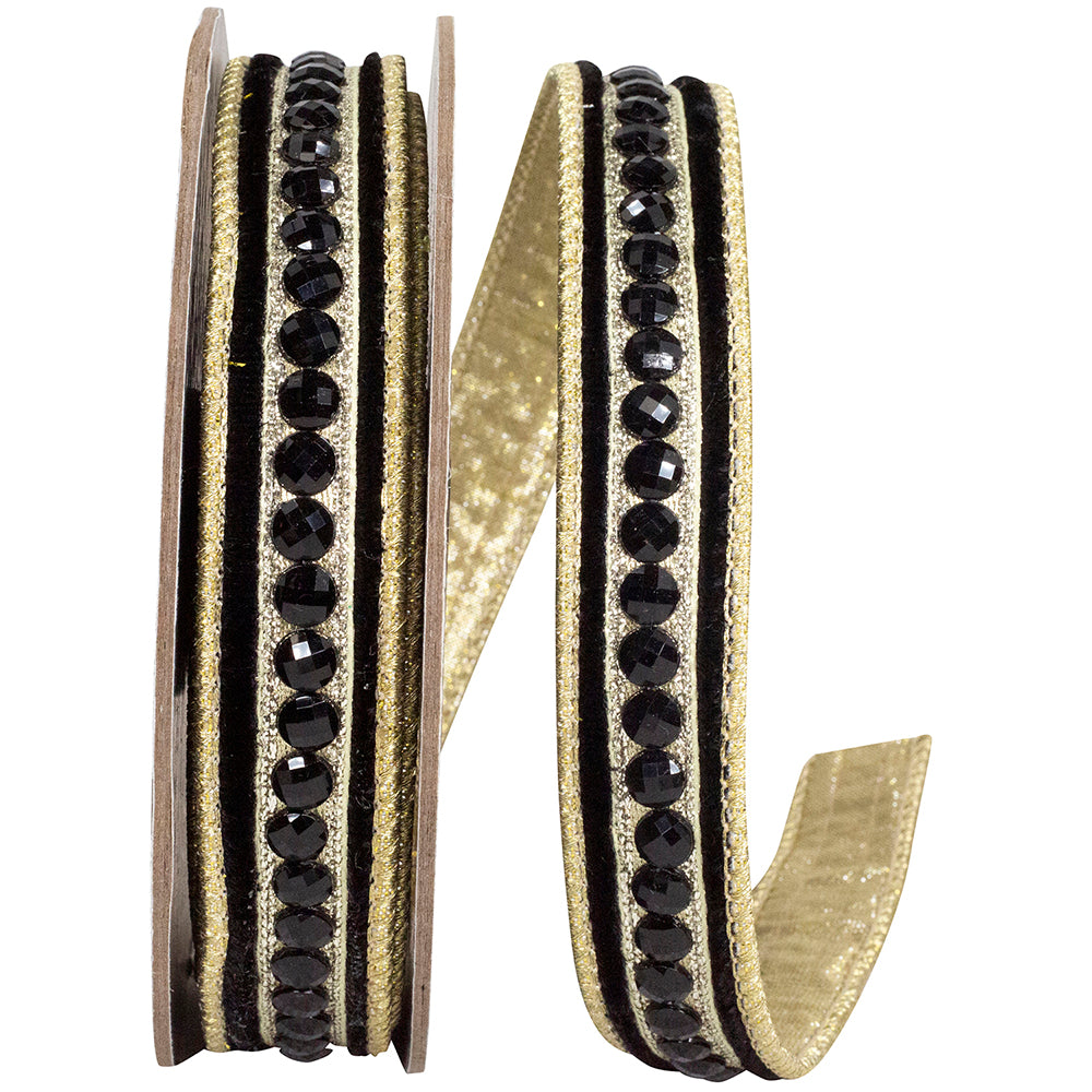 Black Velvet 1 Inch Wired Edge Ribbon with Jeweled Center