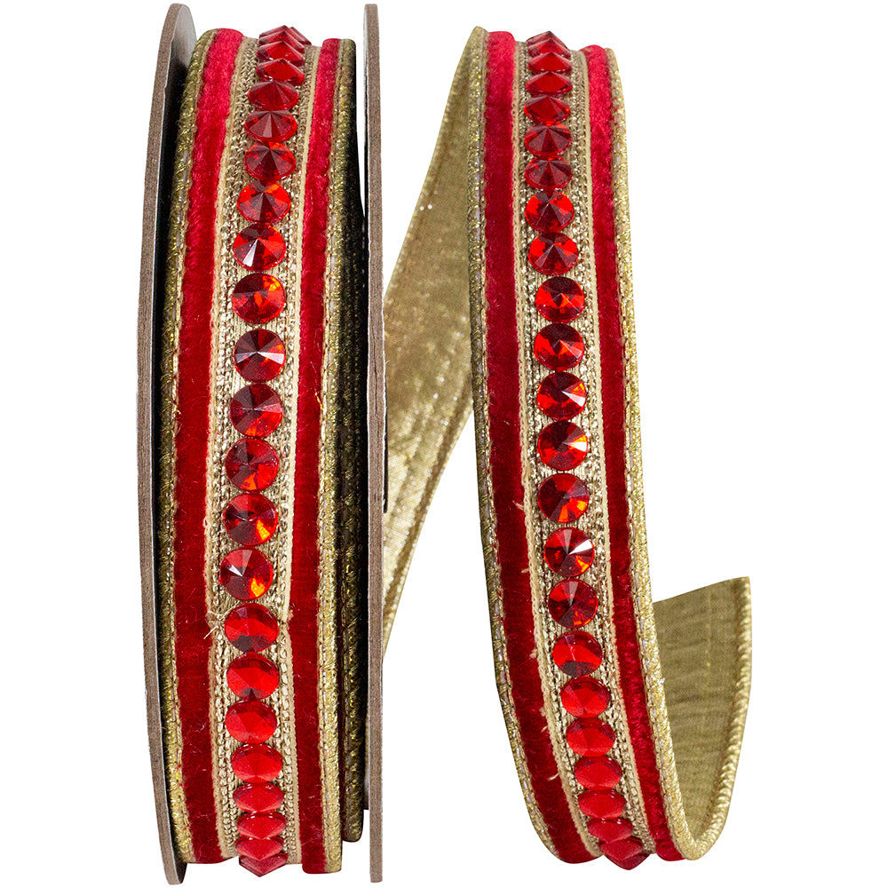 Red Plush Velvet Ribbon 1 Inch Jeweled Center 5 Yards