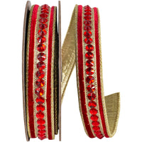 Red Plush Velvet Ribbon 1 Inch Jeweled Center 5Yds