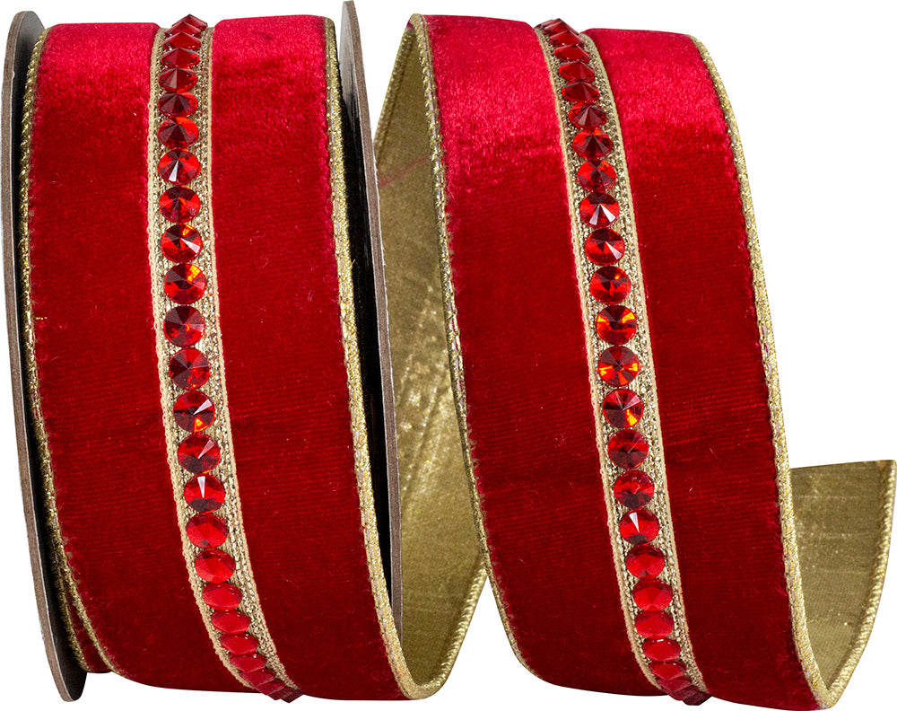 Red 2-1/2 Inch Jeweled Center Plush Velvet Ribbon