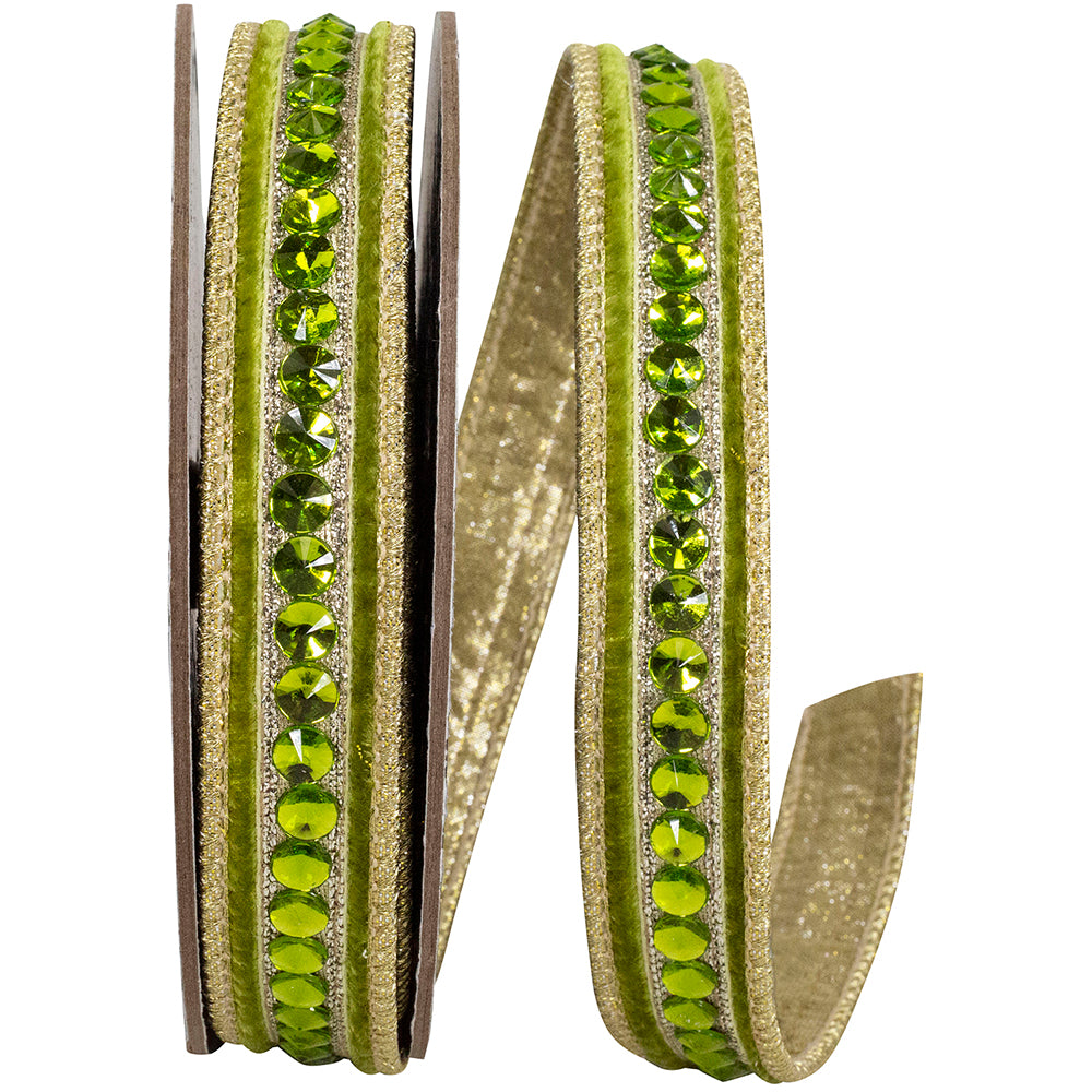 Lime Plush Velvet Ribbon 1 Inch Jeweled Center for Bows