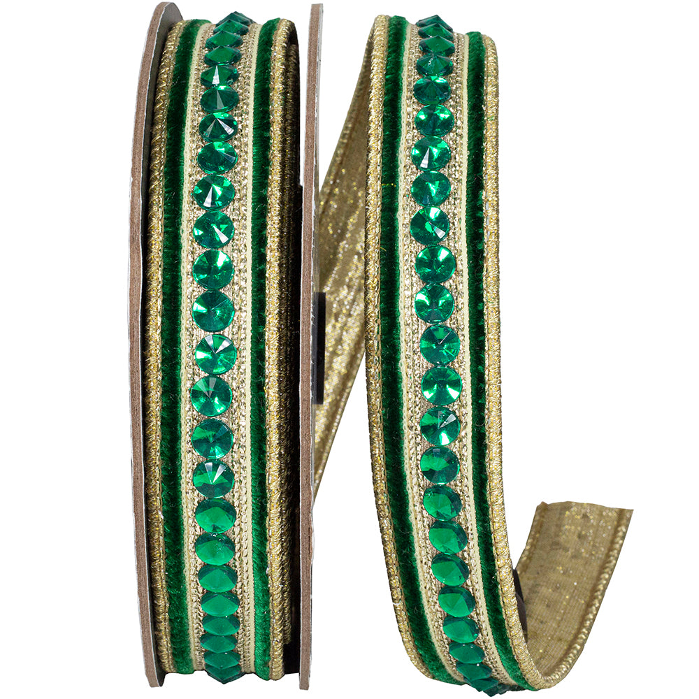 Hunter Jeweled Center Plush Velvet Ribbon 1 Inch 5 Yards