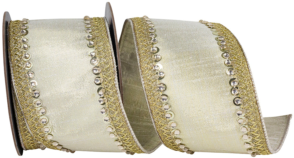 Jeweled Trimming Metallic Wired Edge Ribbon 4 Inch Light