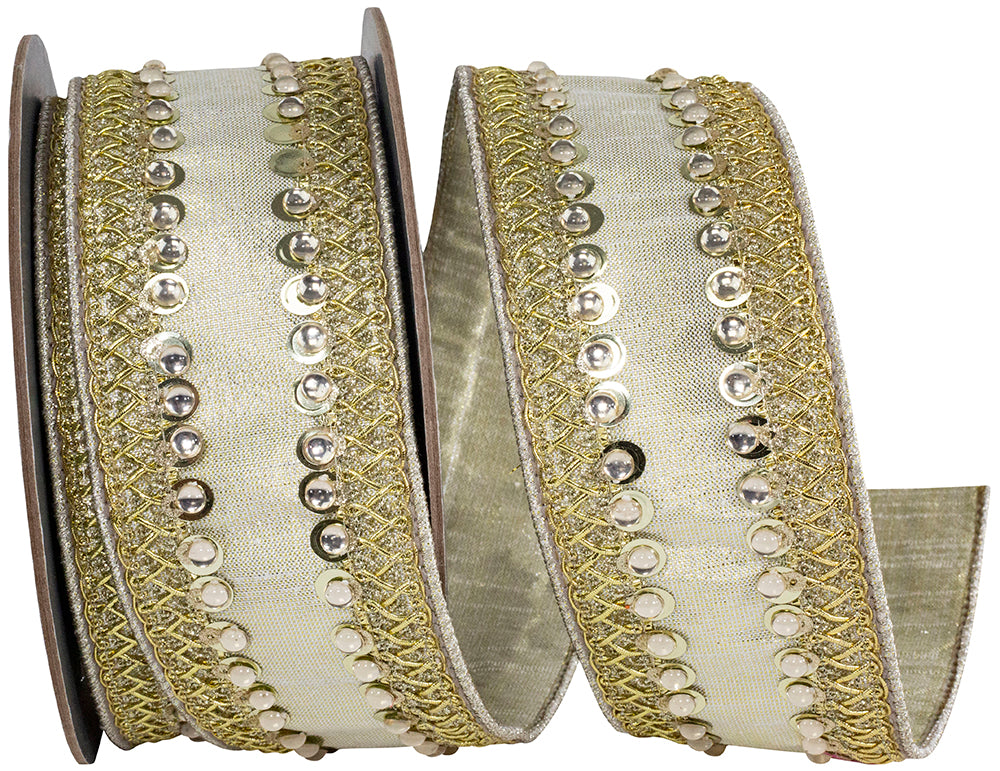 Jeweled Trimming Metallic Wired Edge Ribbon 2-1/2 Inch Light