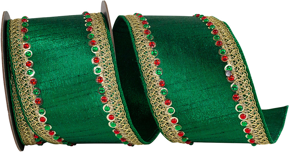 4 Inch Holiday Jeweled Metallic Wired Edge Ribbon