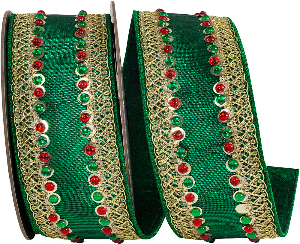 Jeweled Trimming Holiday Metallic Wired Edge Ribbon 2-1/2 Inch