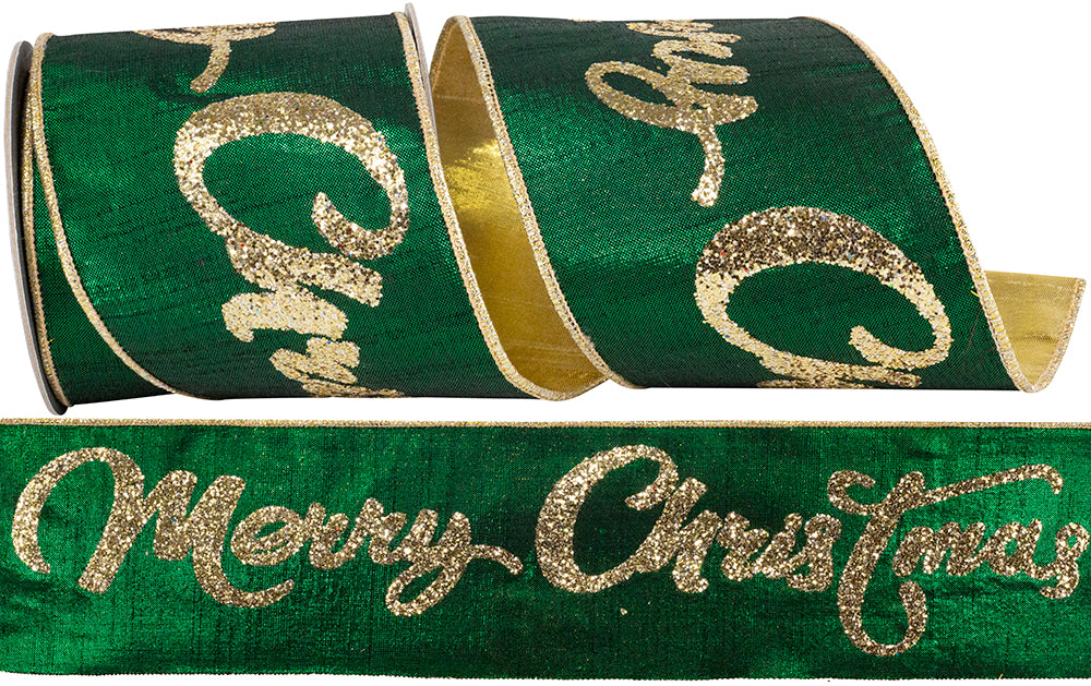 Emerald 4 Inch Wired Edge Glitter Ribbon for Christmas Wreaths