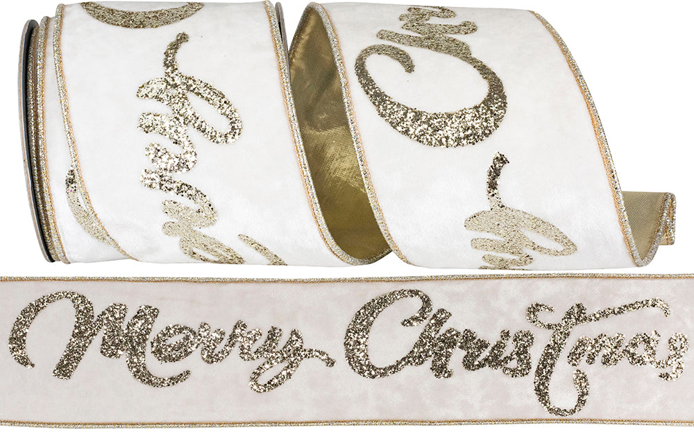 Merry Christmas Glitter Velvet Ribbon 4 Inch Ivory Platinum