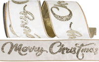 Merry Christmas Glitter Velvet Ribbon 4 Inch Ivory Platinum