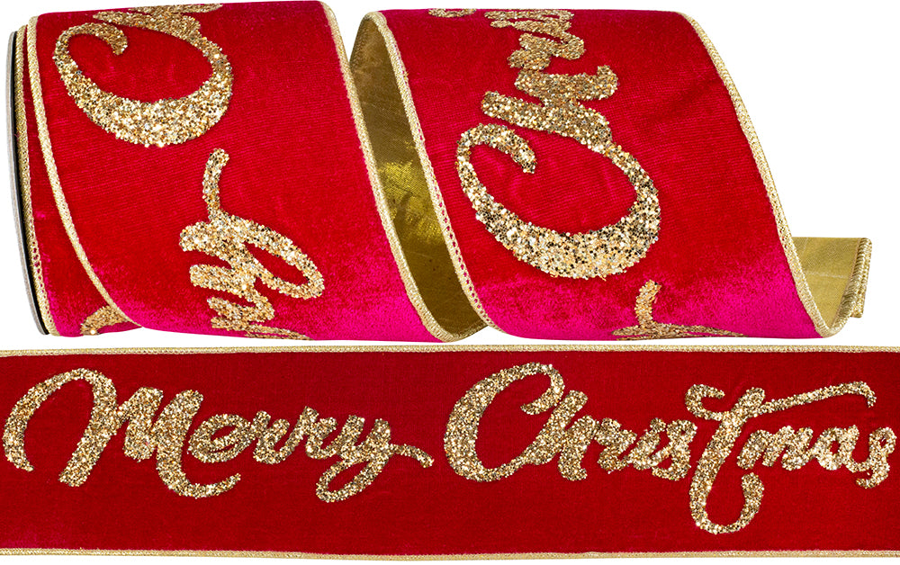 Fuchsia Gold 4 Inch Wired Edge Velvet Ribbon for Christmas