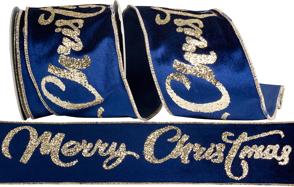 Merry Christmas Navy Gold 4 Inch Velvet Wired Edge Ribbon