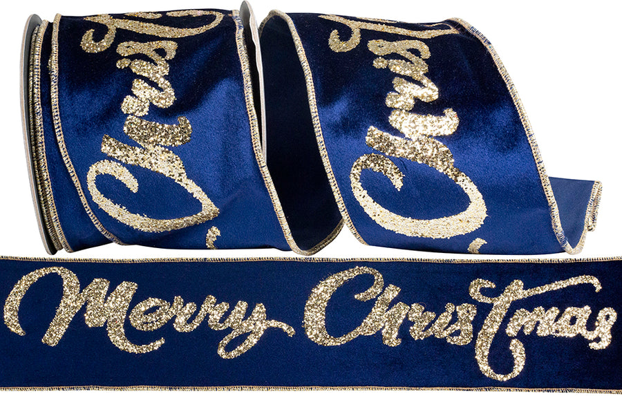 Merry Christmas Navy Gold 4 Inch Velvet Wired Edge Ribbon