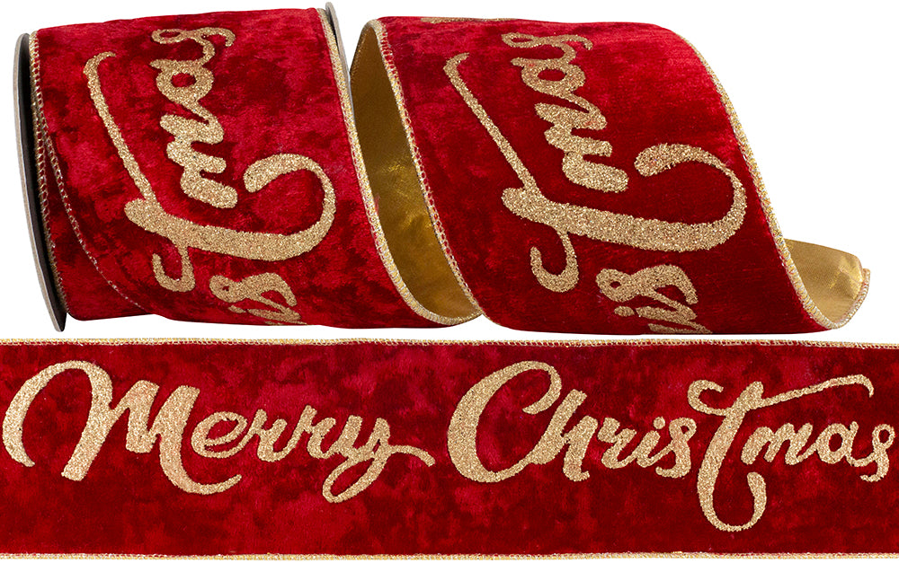 Merry Christmas Glitter Plush Velvet Ribbon Scarlet Gold 4 Inch