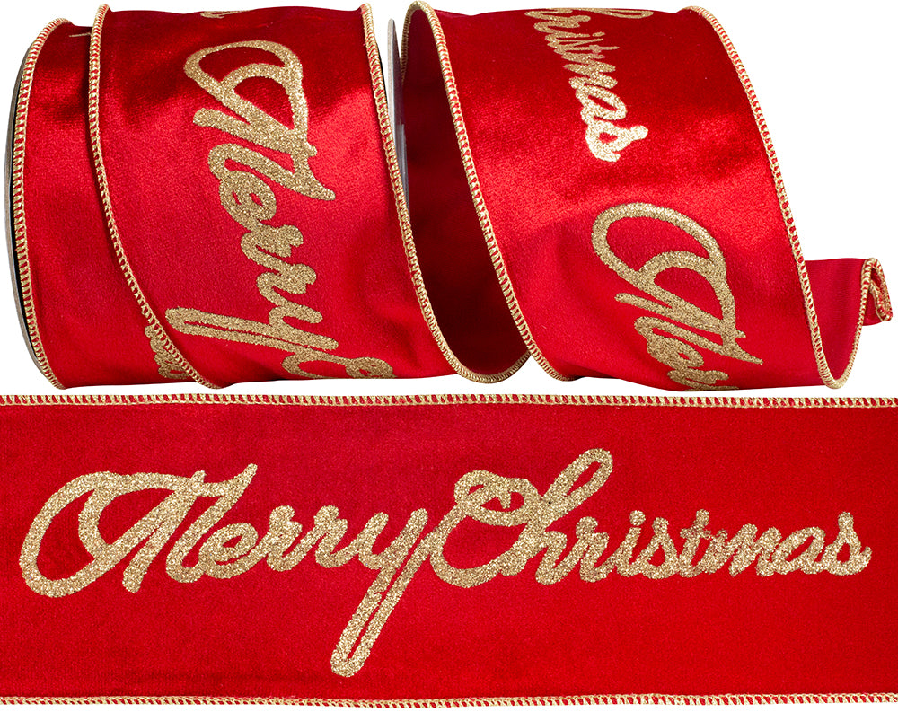 Merry Christmas Red Gold 3 Inch Velvet Touch Ribbon