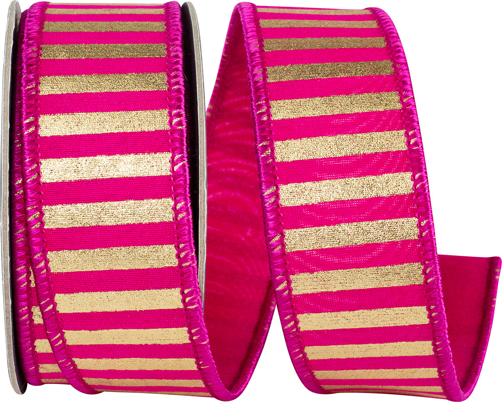 Fuchsia Gold 1-1/2 Inch Metallic Bars Ribbon for Wreaths