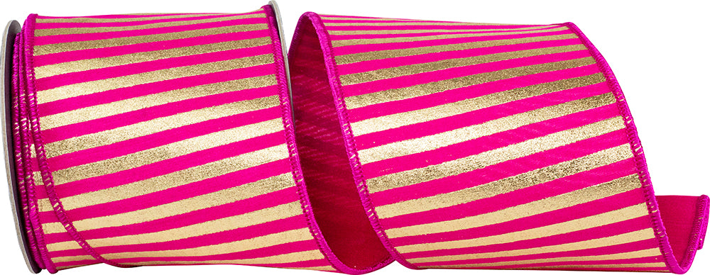 Fuchsia Gold 4 Inch Metallic Bars Wired Edge Ribbon