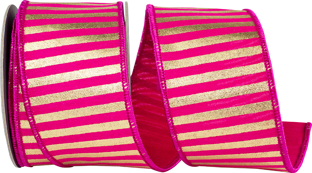 Fuchsia Gold 2-1/2 Inch Metallic Bars Wired Edge Ribbon