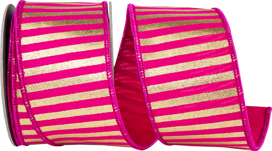 Fuchsia Gold 2-1/2 Inch Metallic Bars Wired Edge Ribbon