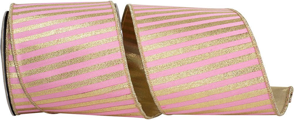 4 Inch Pink Gold Metallic Bars Wired Edge Ribbon