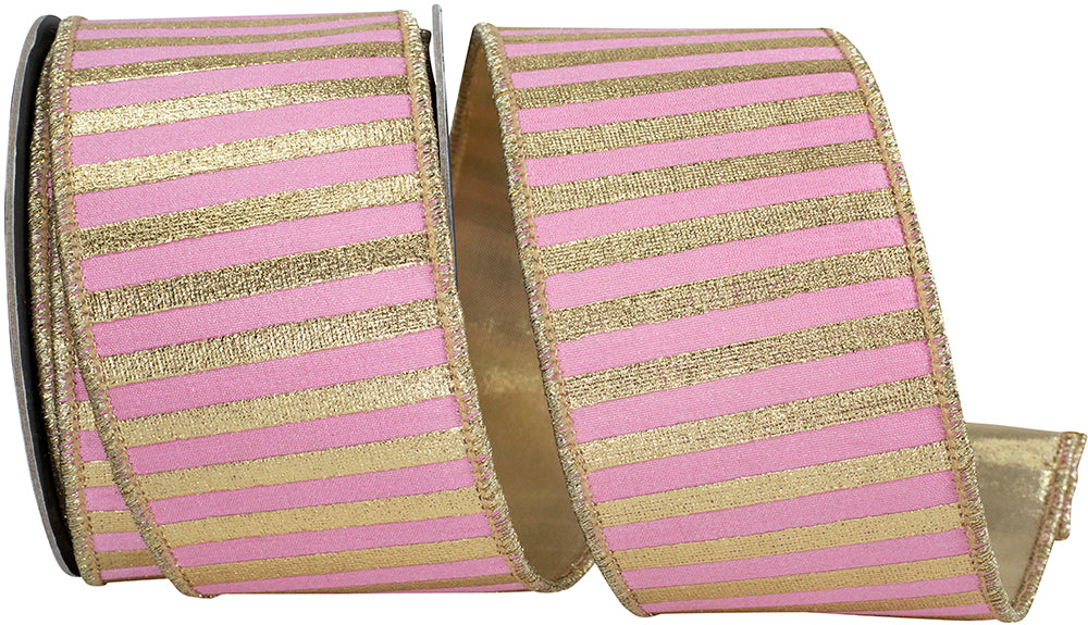Pink Gold Metallic Bars Wired Edge Ribbon 2-1/2 Inch