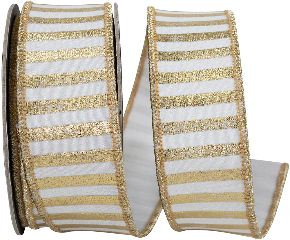 Metallic Bars Deluxe Wired Edge Ribbon White Gold 1-1/2 Inch